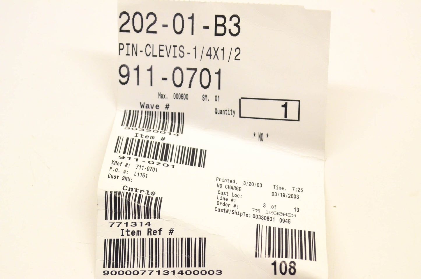 MTD 202-01-B3, 911-0701 Clevis Pin NOS