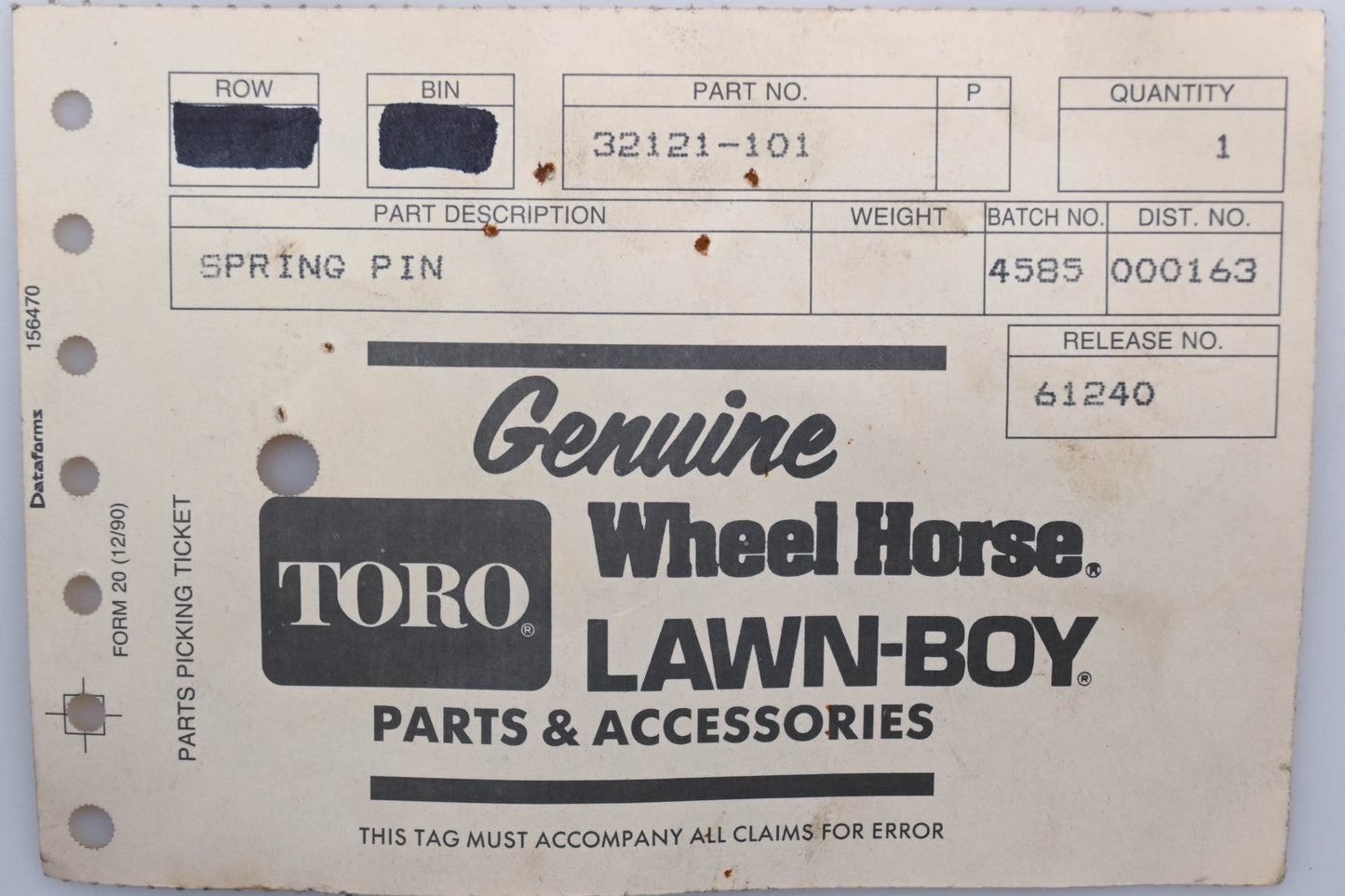 Toro 32121-101 Spring Pin NOS