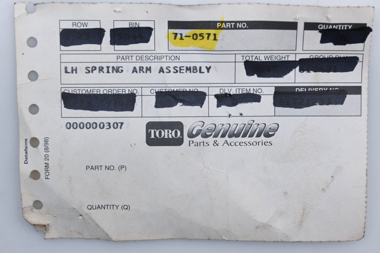 Toro 71-0571 LH Spring Arm Assembly NOS