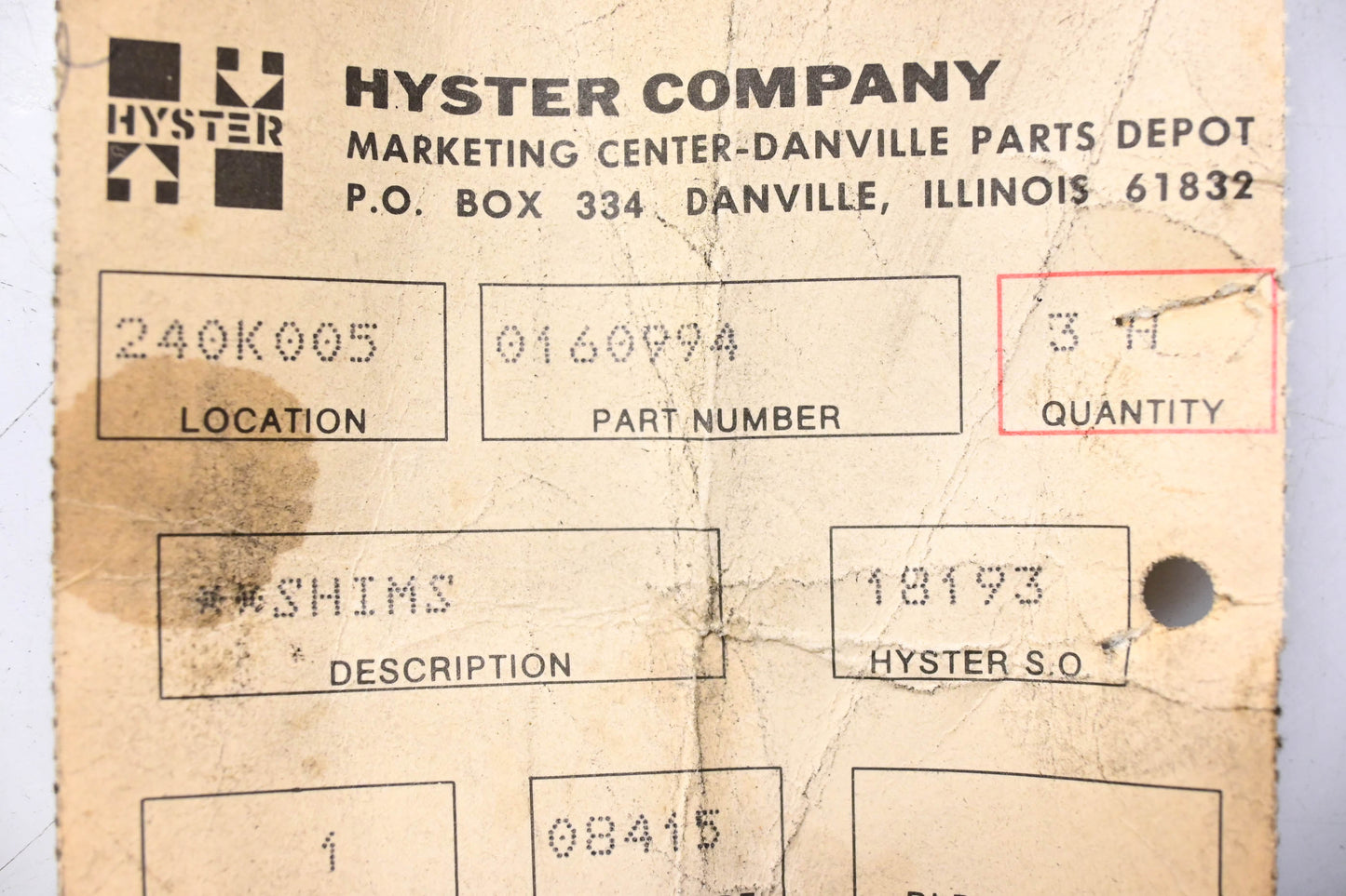 Hyster 0160994 Shims 3"Lx1"Hx1/16"W Qty 3 NOS