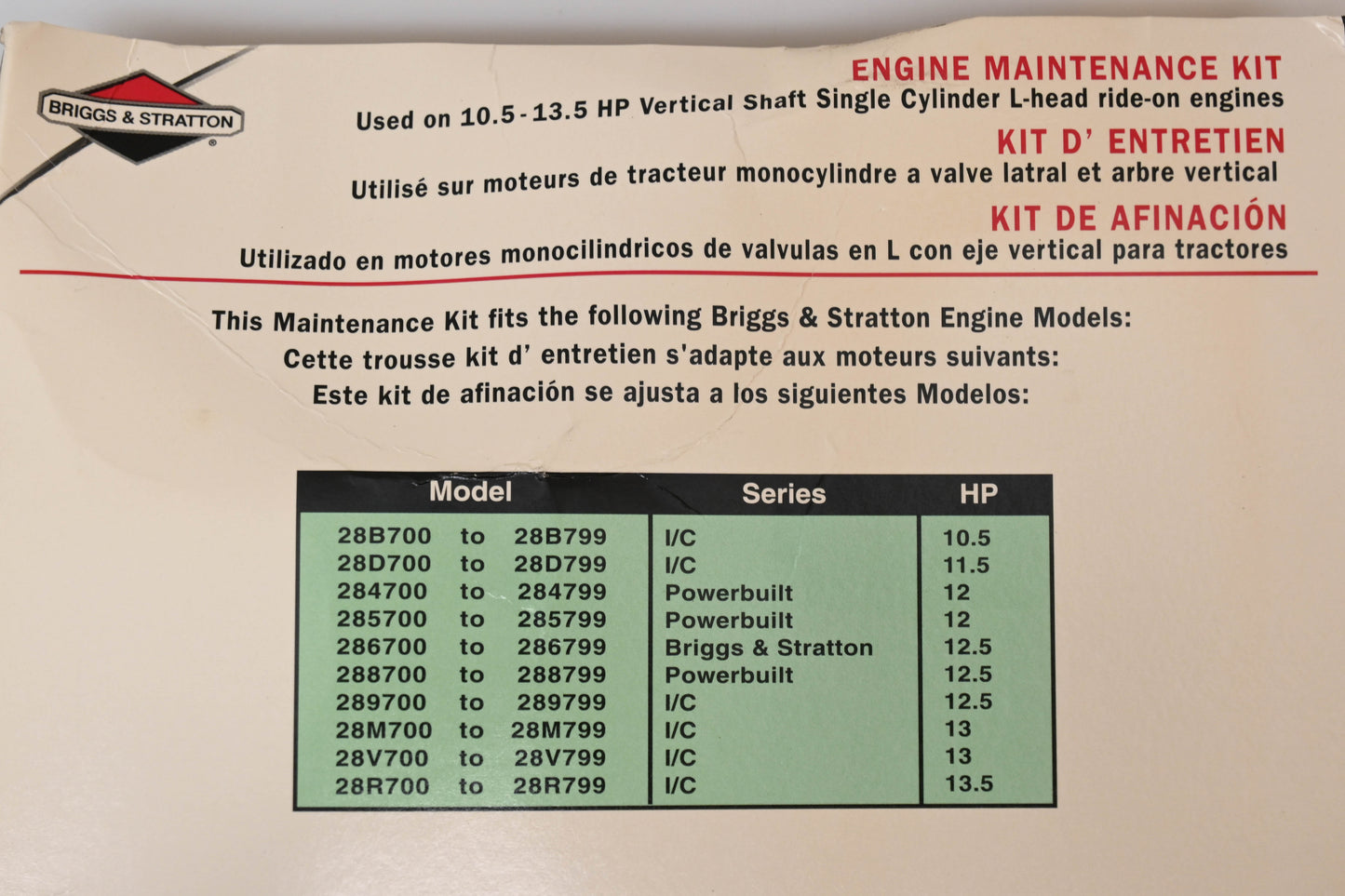 New OEM Briggs & Stratton 5109B 10.5 - 13.5 HP Engine Maintenance Kit NOS