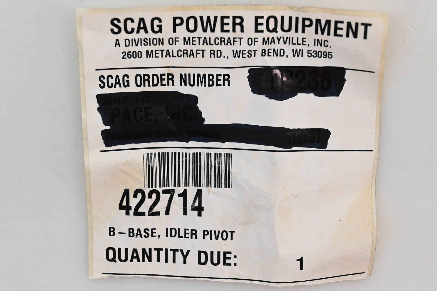 Scag 422714 Idler Pivot Base NOS