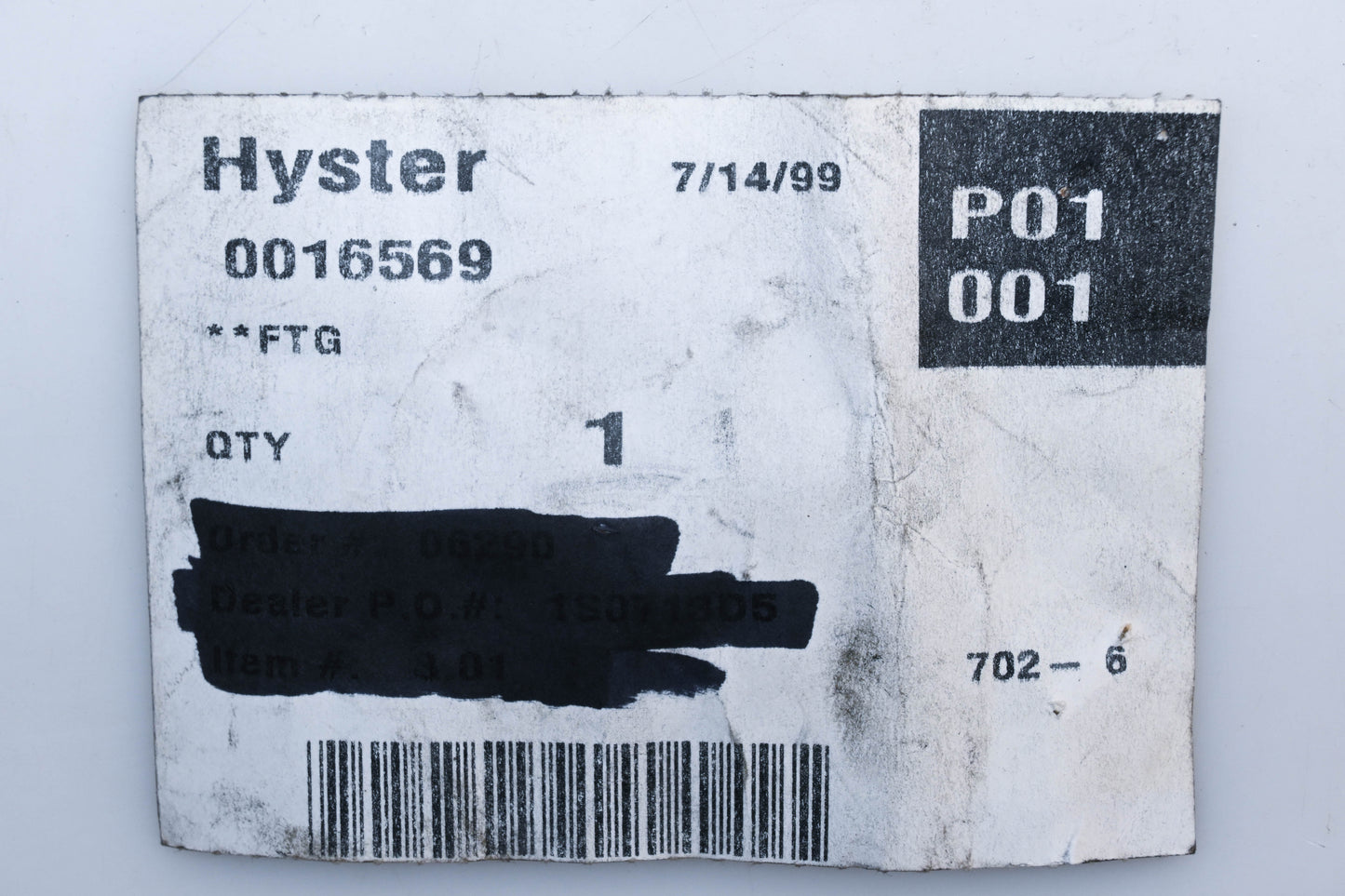 Hyster 0016569, 16569 Fitting Assembly NOS
