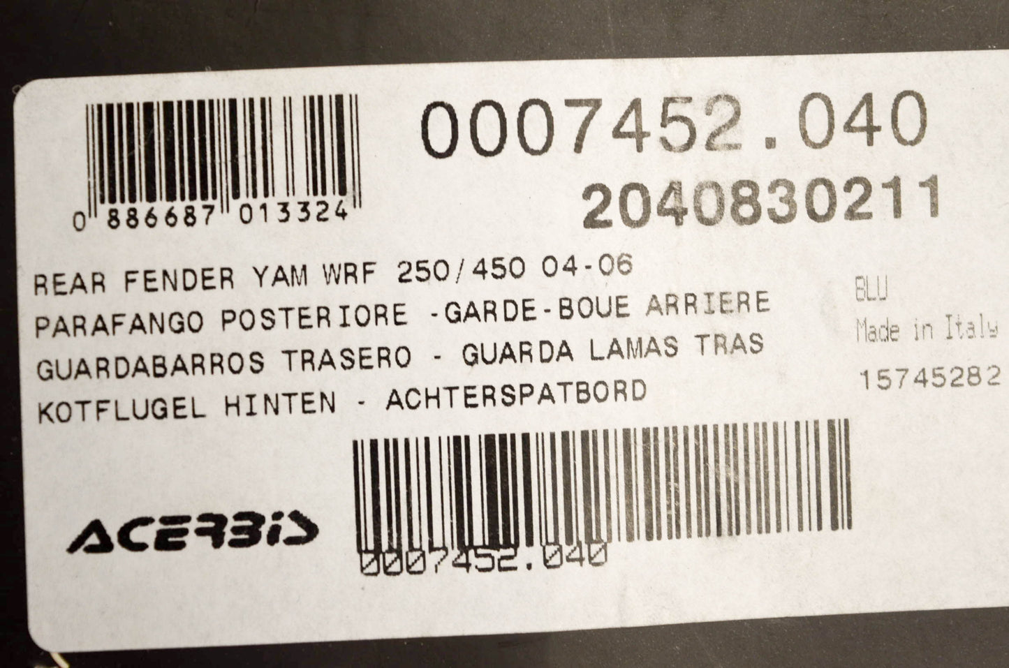 Acerbis 2040830211 Rear Fender Blue NOS