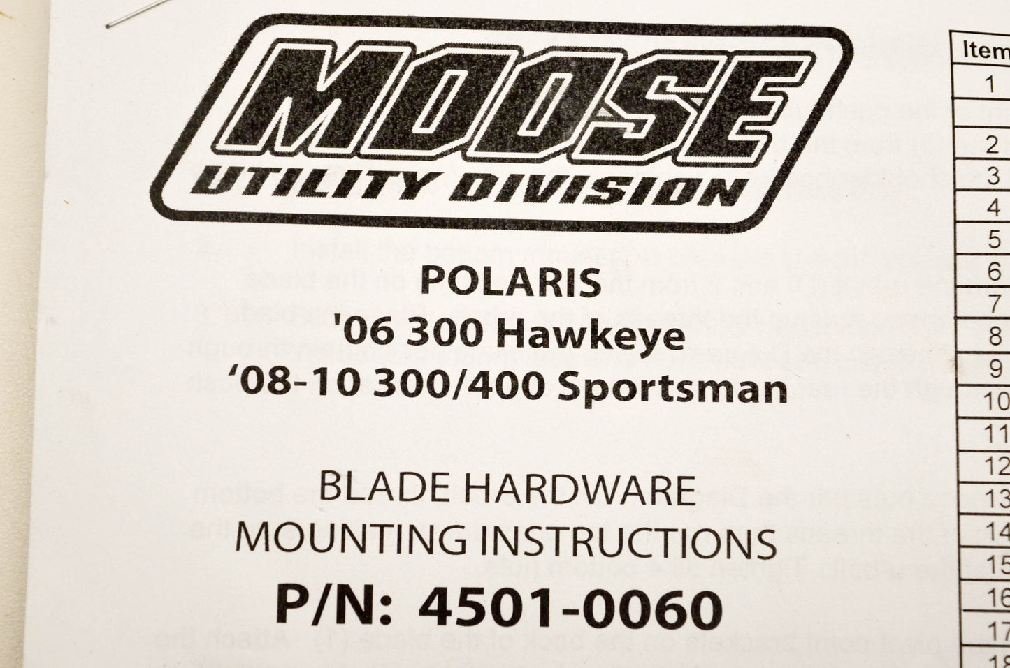 Moose Utility 4501-0060 Bottom Mount Plow Kit NOS