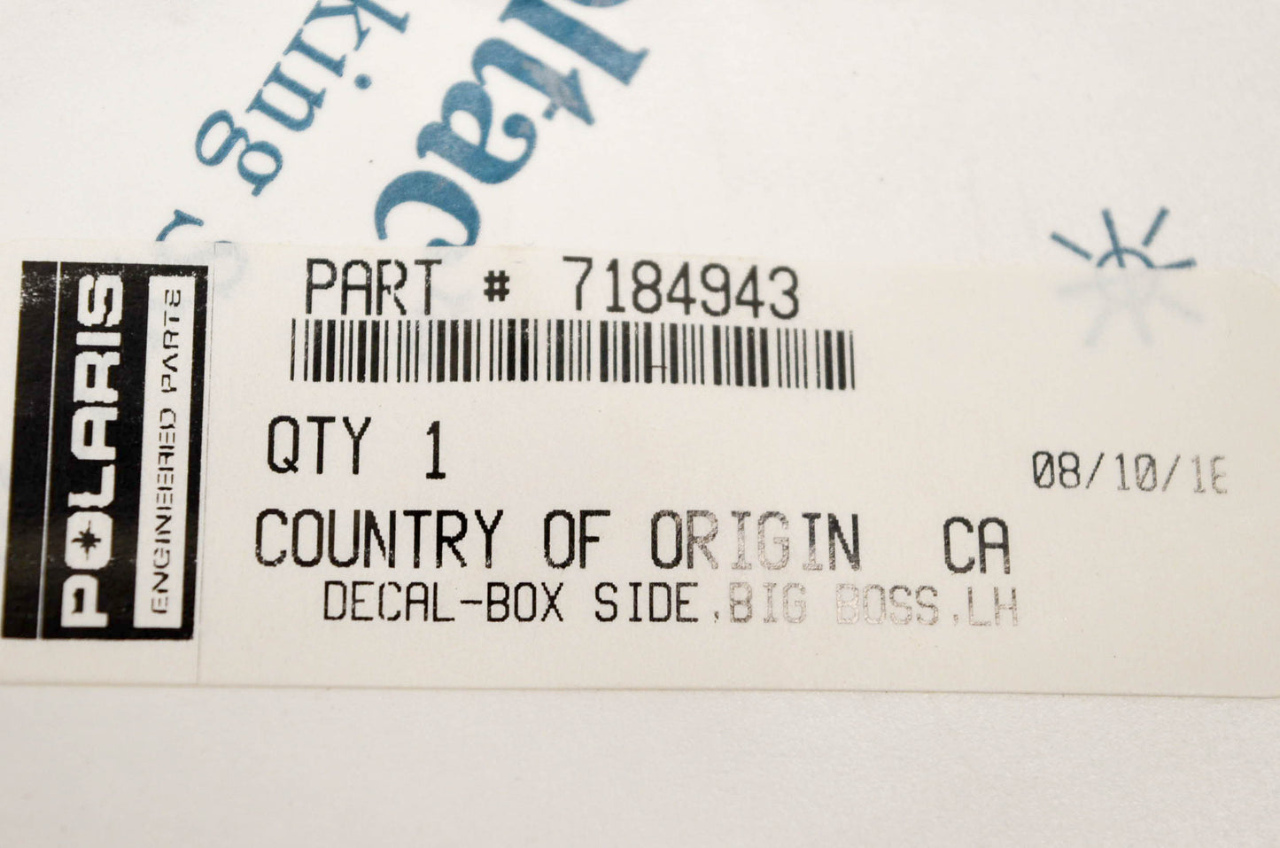 New OEM Polaris 7184943 Decal Box Side Big Boss LH NOS