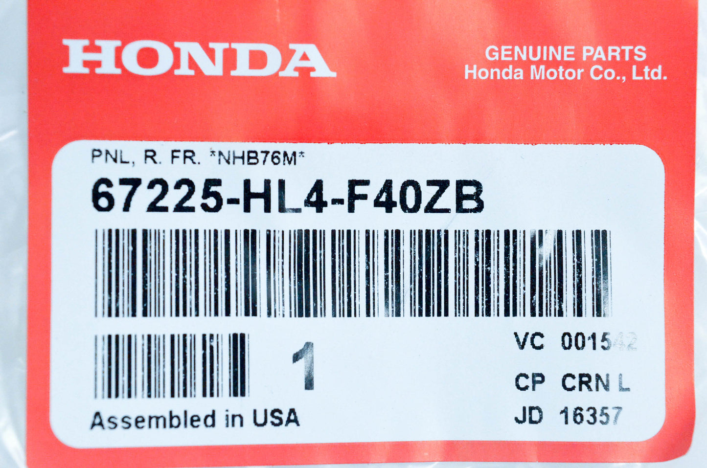 New OEM Honda 67225-HL4-F40ZB Panel Right Front NHB76M NOS