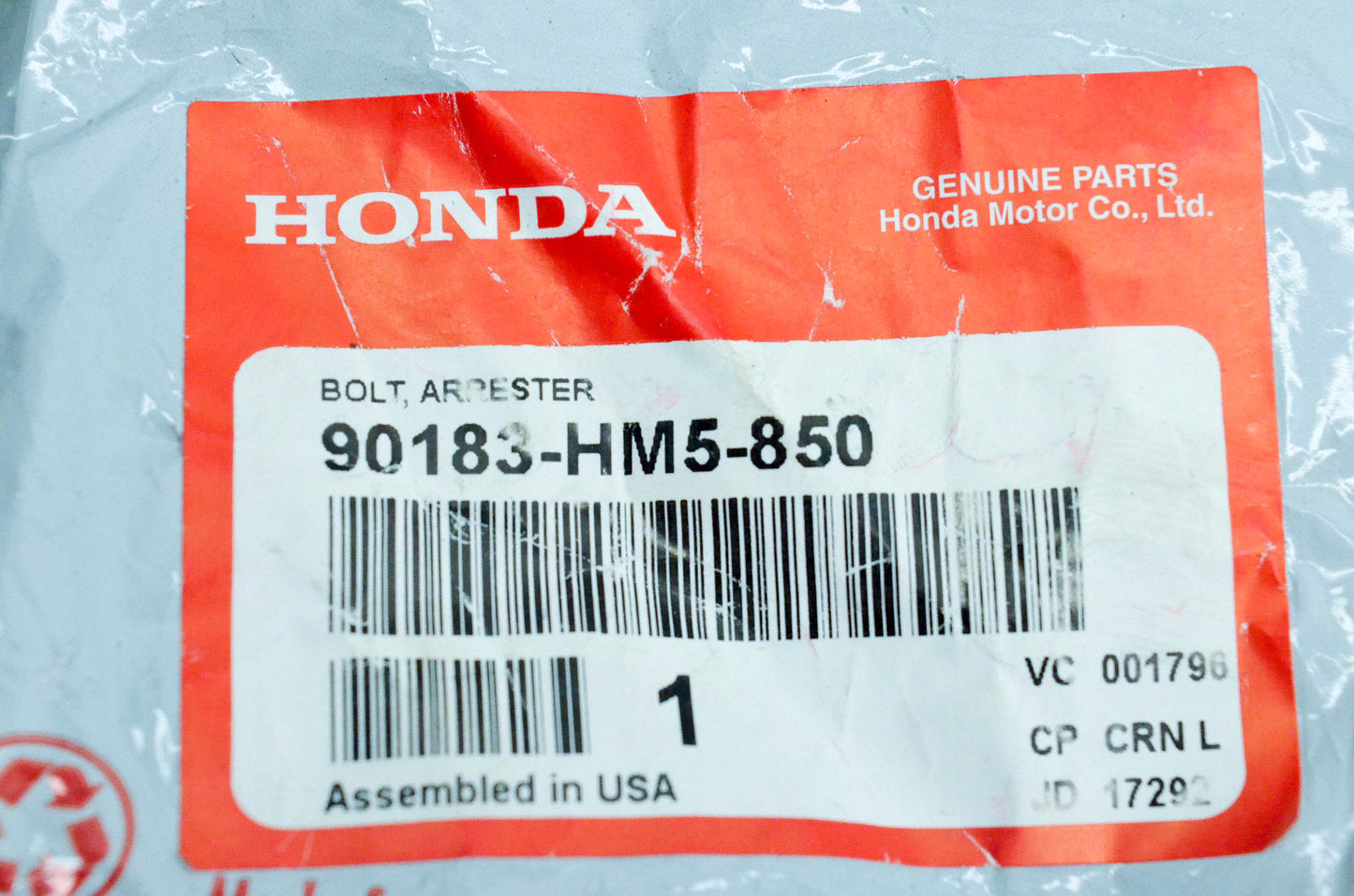 New OEM Honda 90183-HM5-850 Bolt Arrester NOS