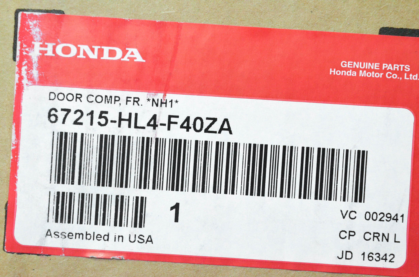 New OEM Honda 67215-HL4-F40ZA Door Complete FR "NH1" NOS
