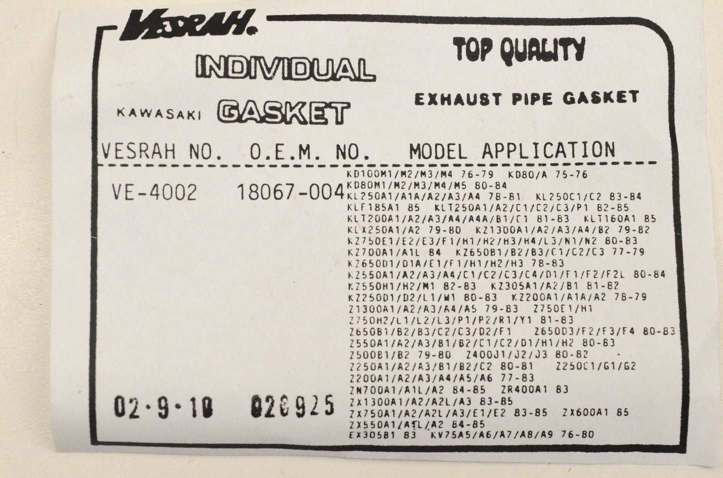 Vesrah VE-4002, 18067-004, VX-4002 Exhaust Pipe Gasket NOS