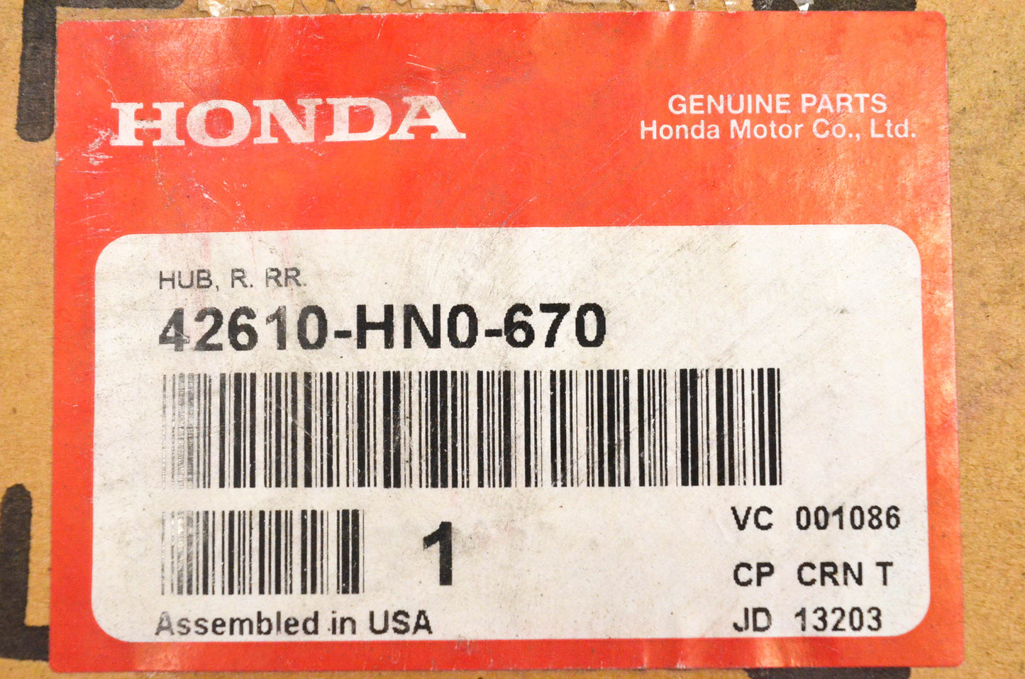 New OEM Honda 42610-HN0-670 Hub Right Rear NOS