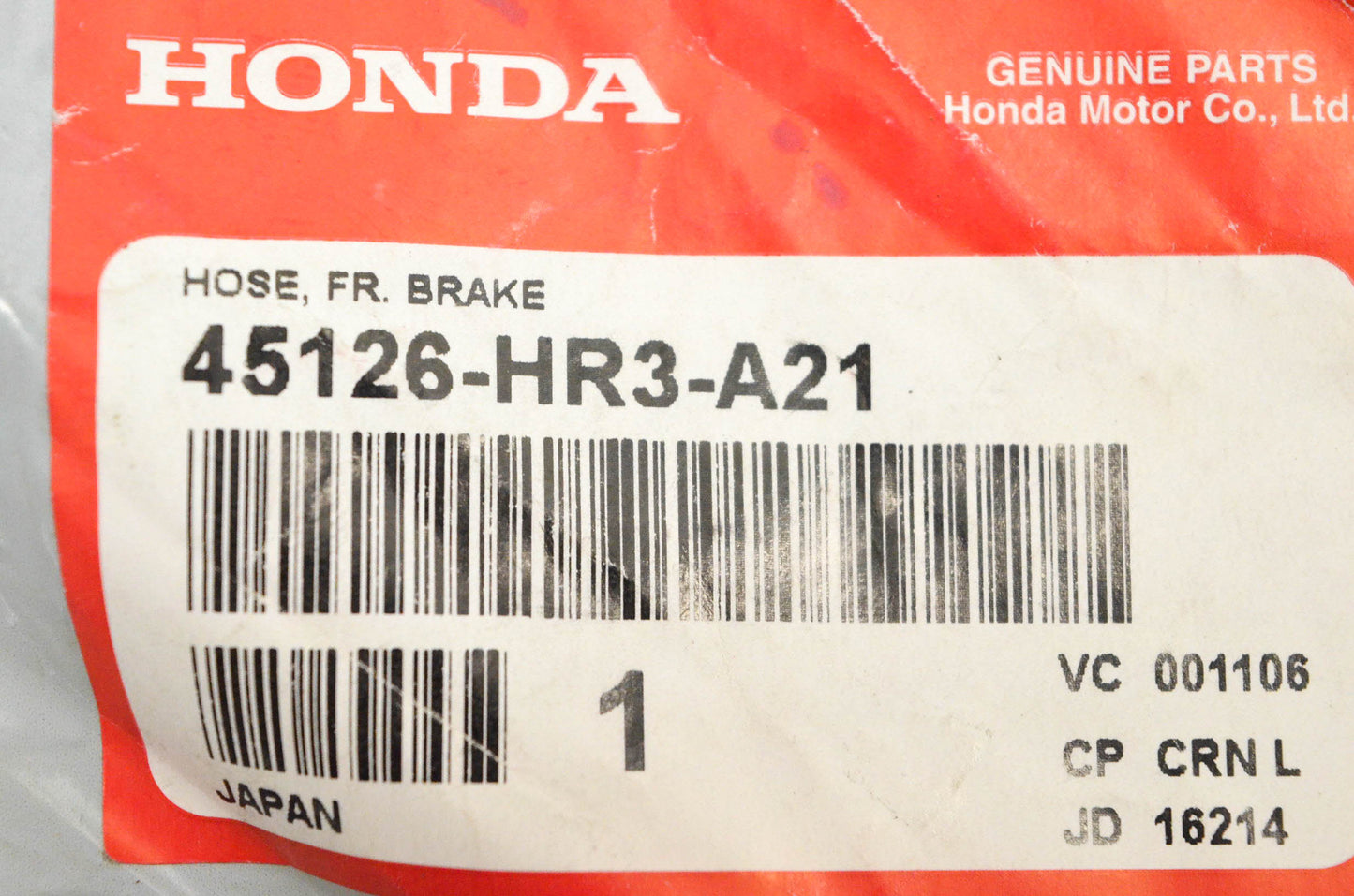 New OEM Honda 45126-HR3-A21 Brake Hose Front NOS