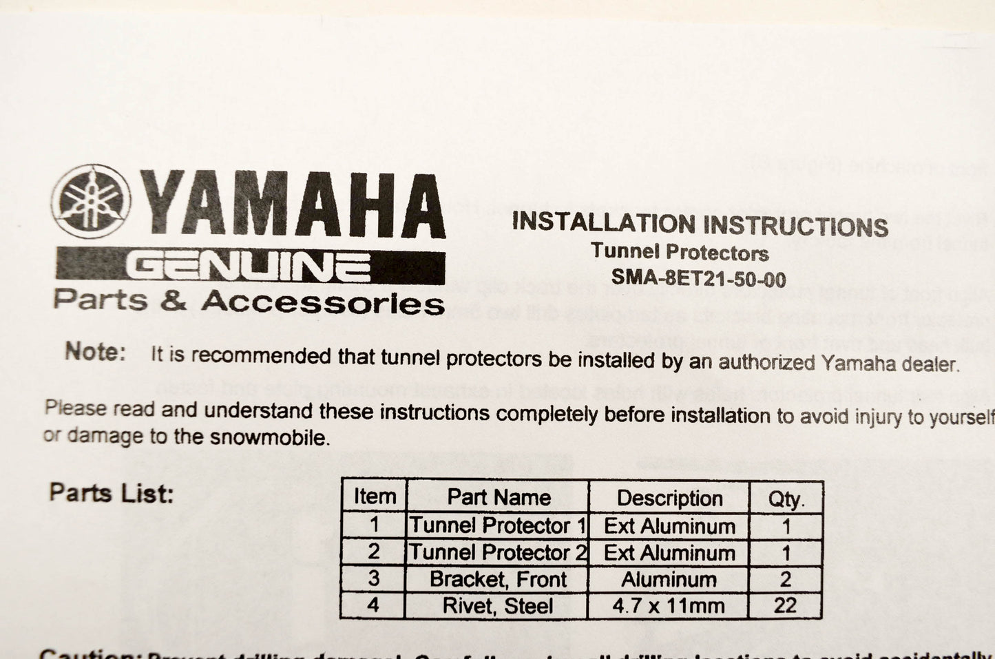 New OEM Yamaha SMA-8ET21-50-10 Tunnel Protector Kit NOS