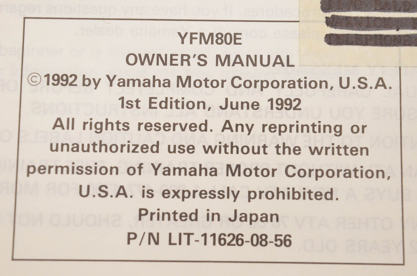 OEM Yamaha LIT-11626-08-56 YFM80E Owner's Manual