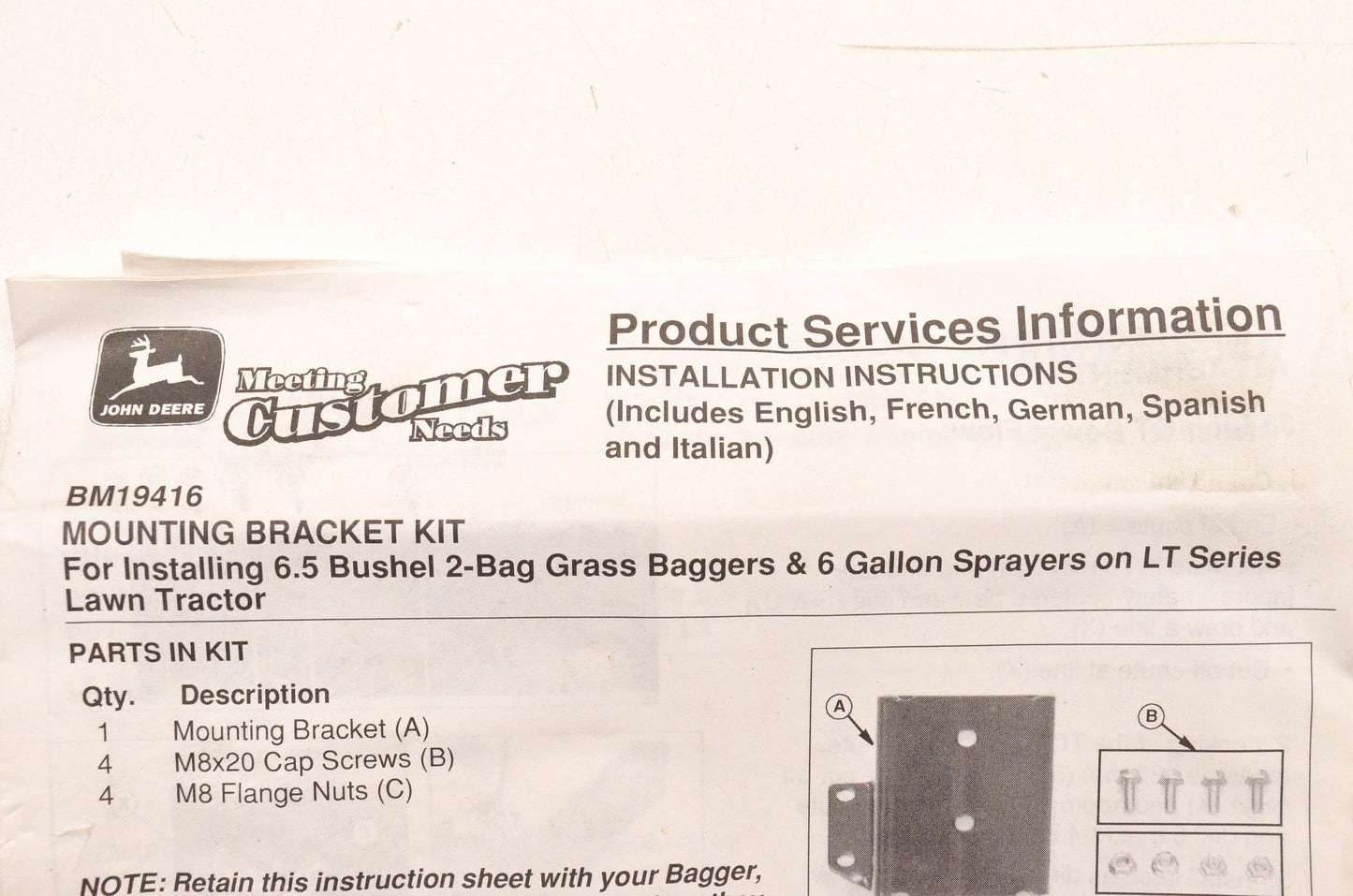New OEM John Deere BM19416 Mounting Bracket Kit NOS