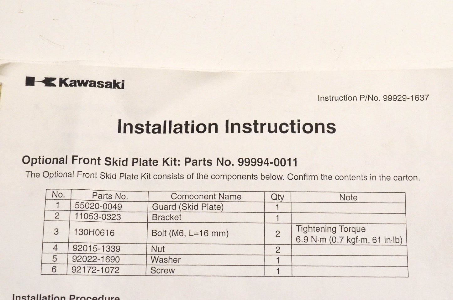 New OEM Kawasaki 99994-0011 Skid Plate Kit NOS