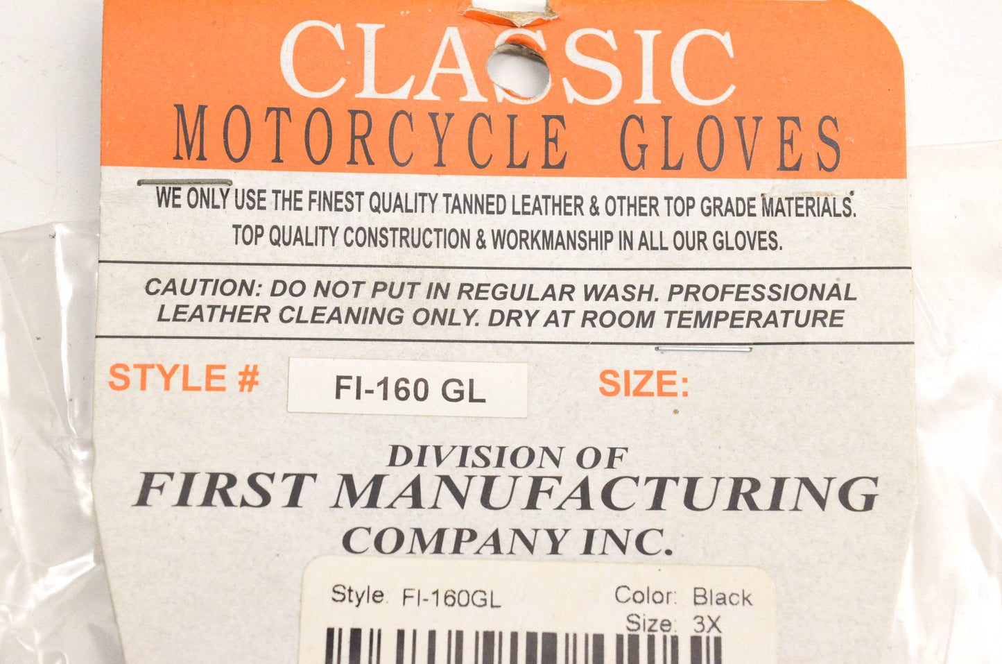 First Classics FI-160 GL, FI-160GL Fingerless 3X Black Motorcycle Gloves NOS