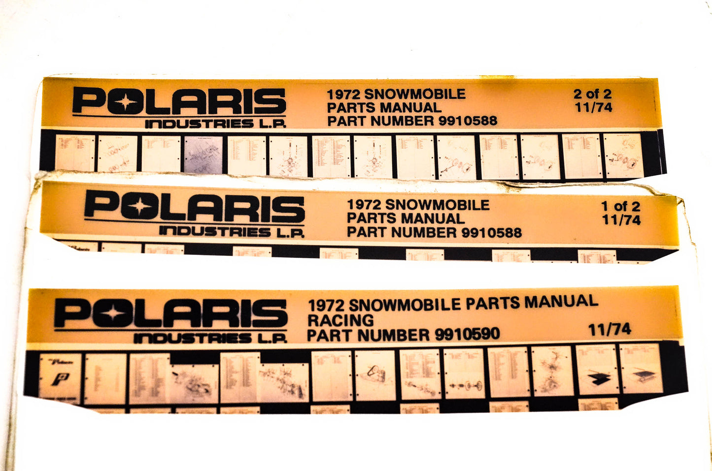 OEM Polaris 9910590, 9910588 1972 Snowmobile Parts Manual Microfiche Lot Of 3