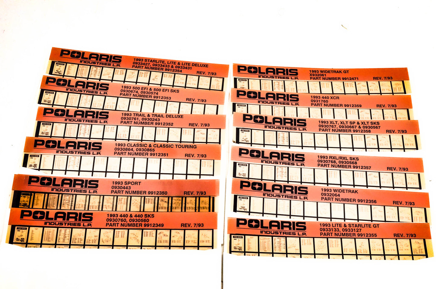 OEM Polaris 1993 Snowmobile Parts Manual Microfiche Lot Of 12