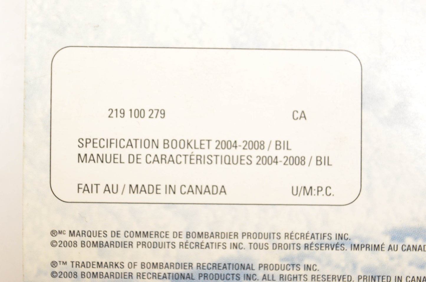 Ski Doo 219100279 2004-2008 Specification Booklet