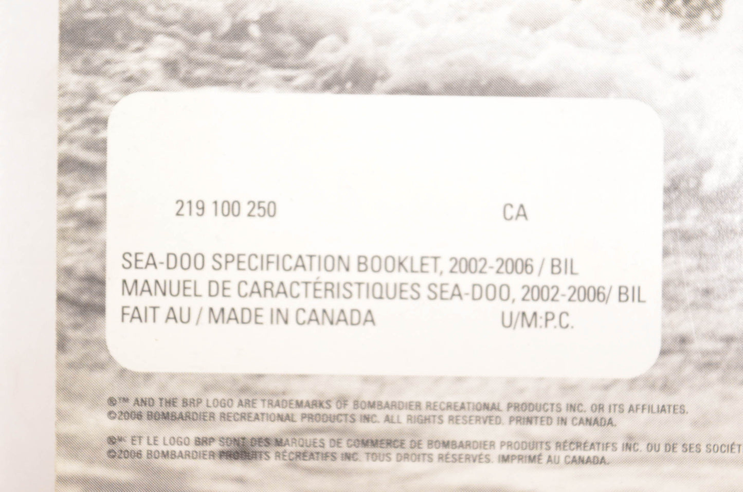 Sea Doo 219100250 2002-2006 Specification Booklet