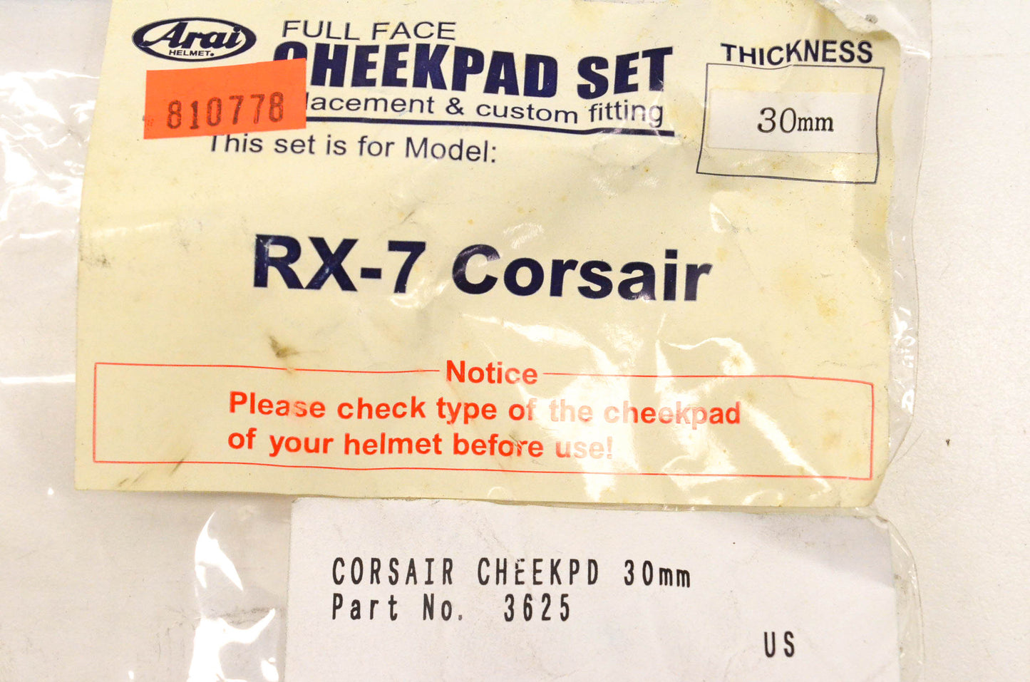 Arai 3625 RX-7 Corsair 30mm Full Face Cheekpad Kit NOS