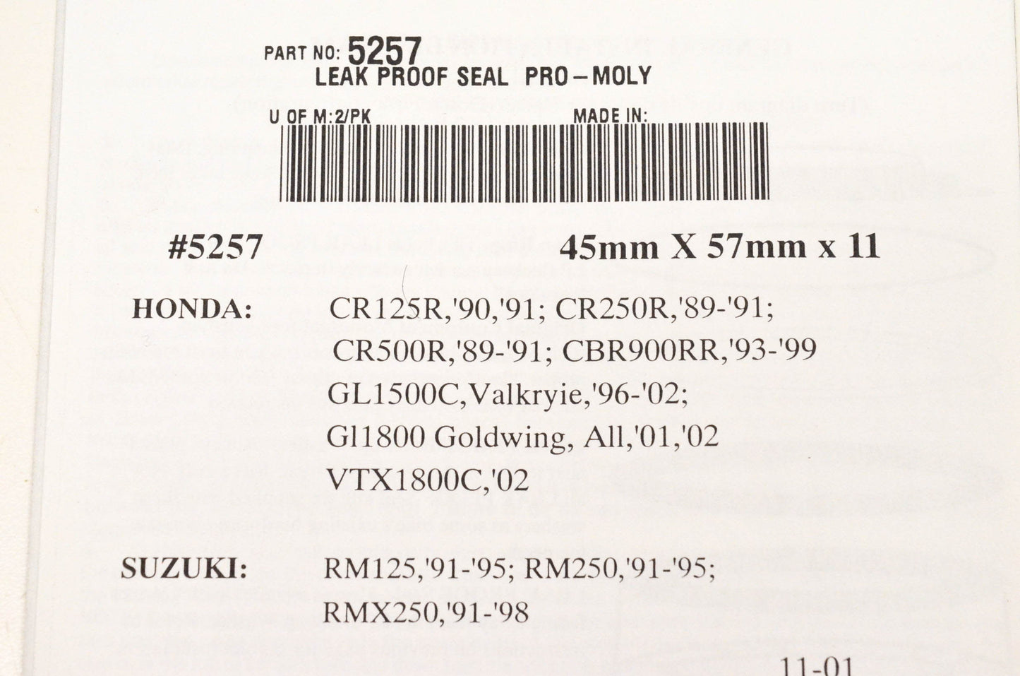 Leak Proof 5257 Pro-Moly Fork Seal Kit NOS
