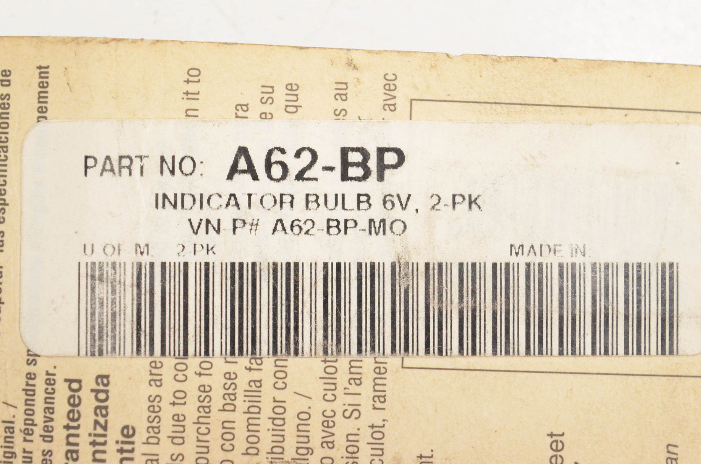 Eiko A62-BP-MO, A62-BP A-62 6v Bulbs Qty 2 NOS