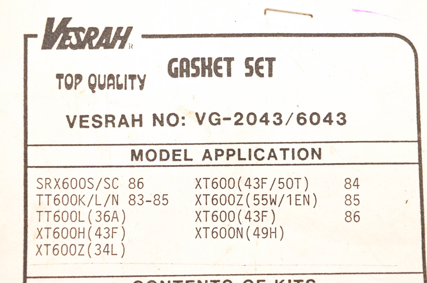 Veshrah VG-2043, VG-6043 Gasket Kit NOS