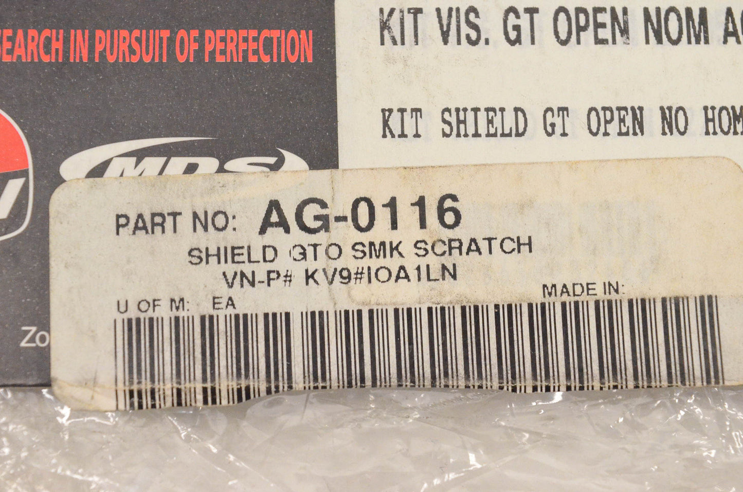 AGV AG-0116, KV9-IOA1LN Shield GTO Smoke NOS