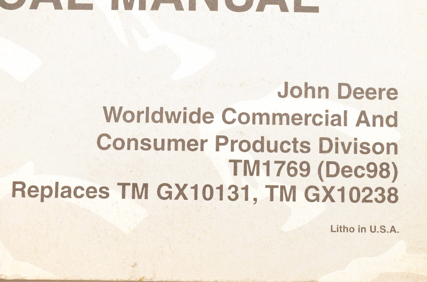 OEM John Deere TM1769, TMGX10131, TMGX10238 Sabre Lawn Tractor Technical Manual