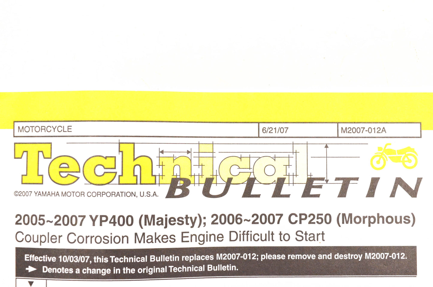 New OEM Yamaha M2007-012A Technical Bulletin 2005-07 YP400 2006-07 CP250 NOS
