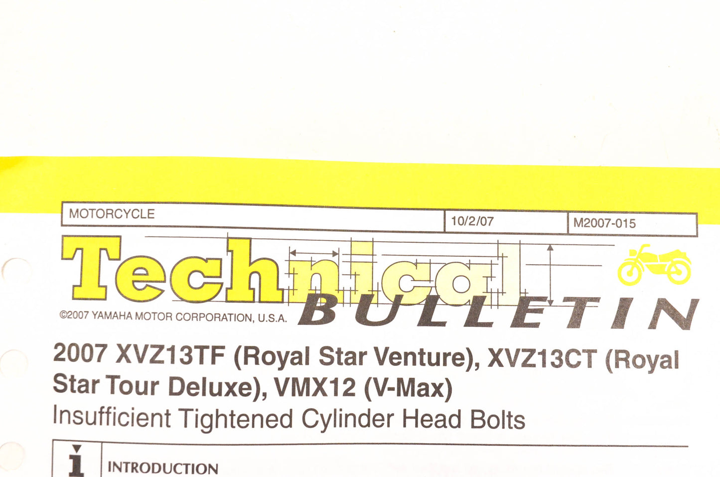 New OEM Yamaha M2007-015 Technical Bulletin 2007 XVZ13TF XVZ13CT VMX12 NOS
