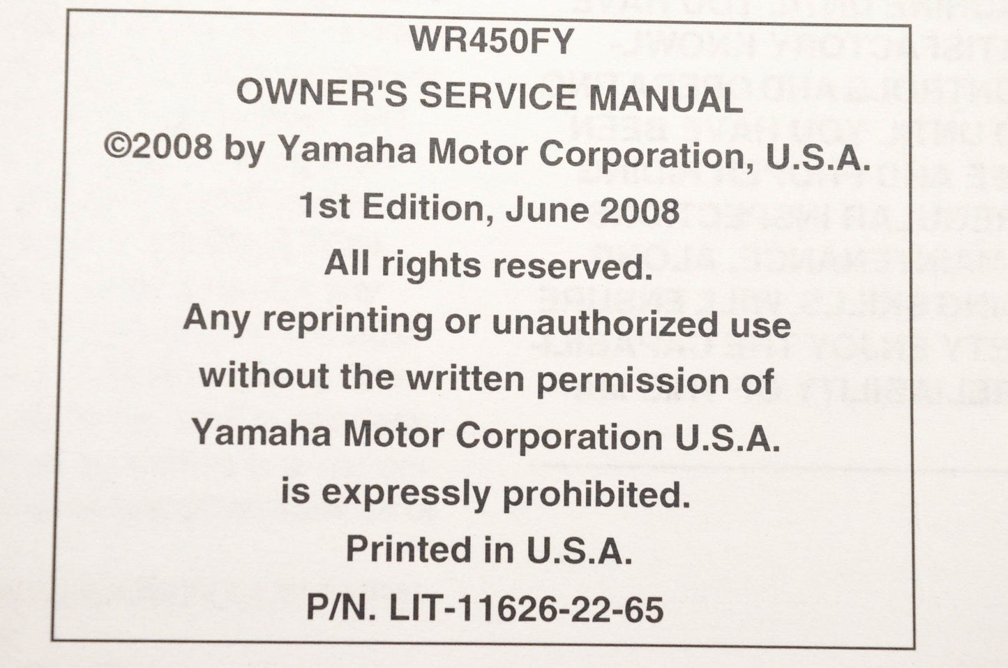 OEM Yamaha LIT-11626-22-65 WR450FY Owner's Service Manual