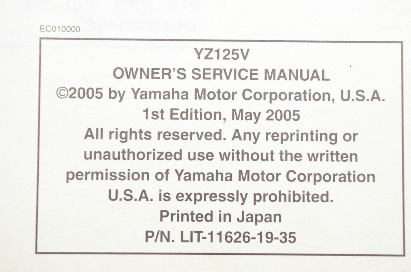 OEM Yamaha LIT-11626-19-35 YZ125V Owner's Service Manual