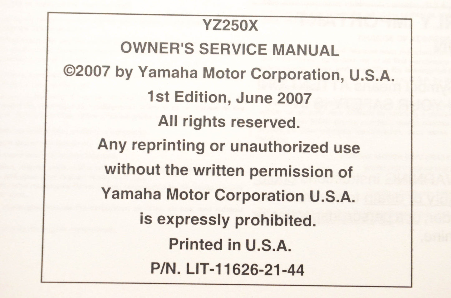 OEM Yamaha LIT-11626-21-44 YZ250X Owner's Service Manual