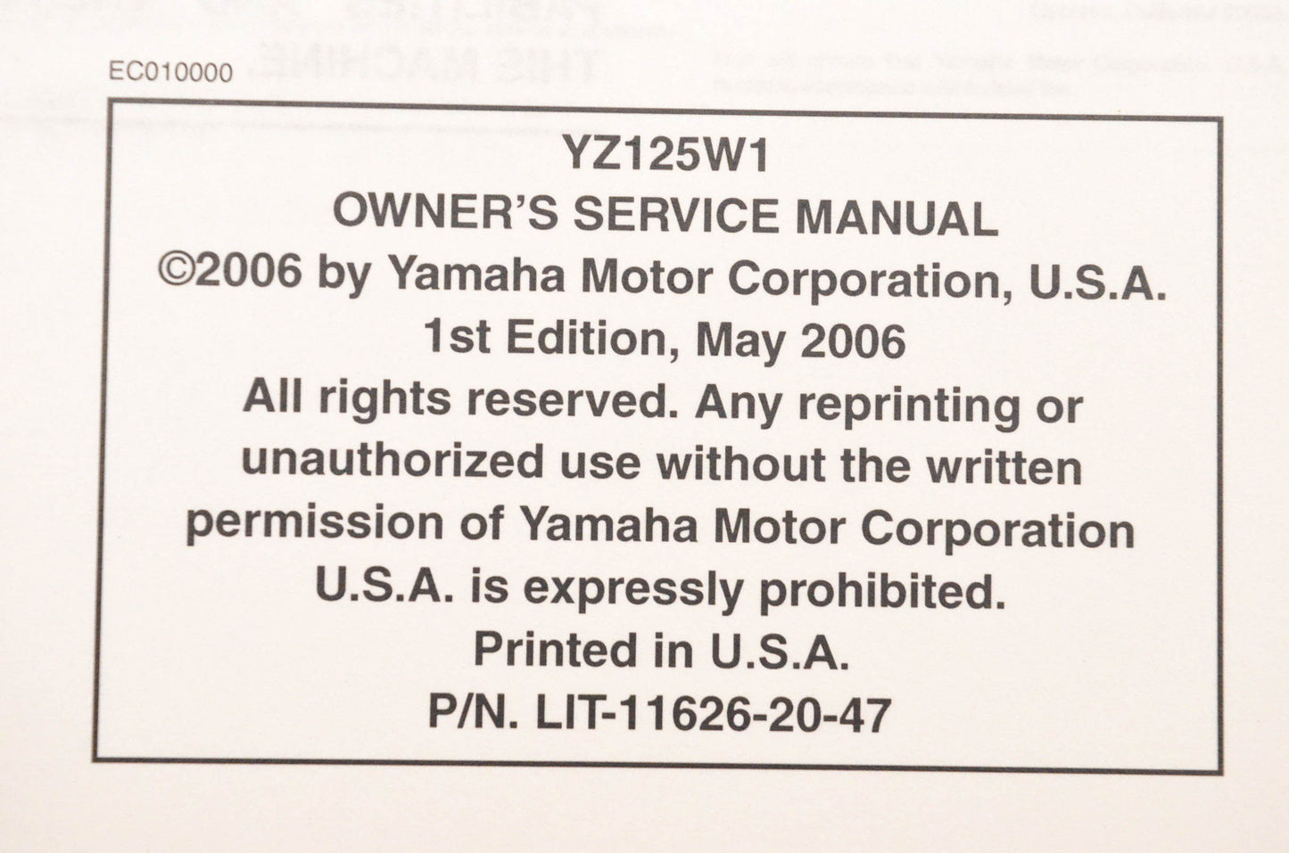 OEM Yamaha LIT-11626-20-47 YZ125W1 Owner's Service Manual