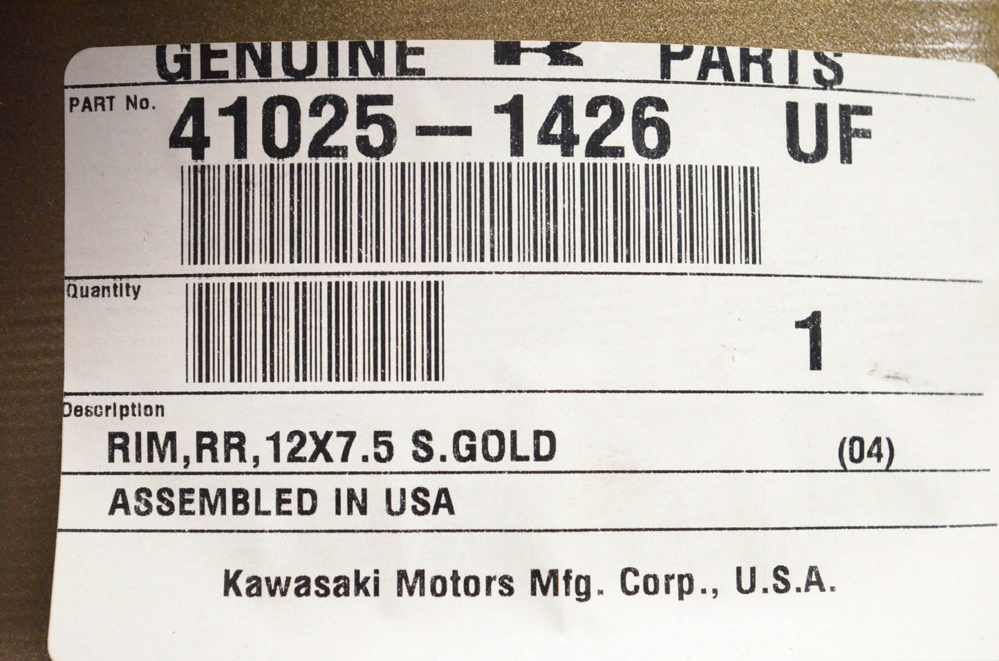 New OEM Kawasaki 41025-1426 12x7.5 S Gold Rim NOS