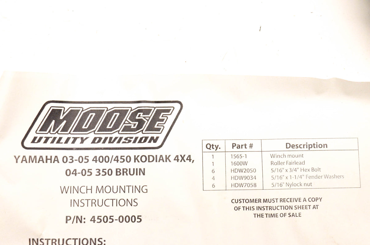 Moose Utility 4505-0005 Winch Mount Kit NOS