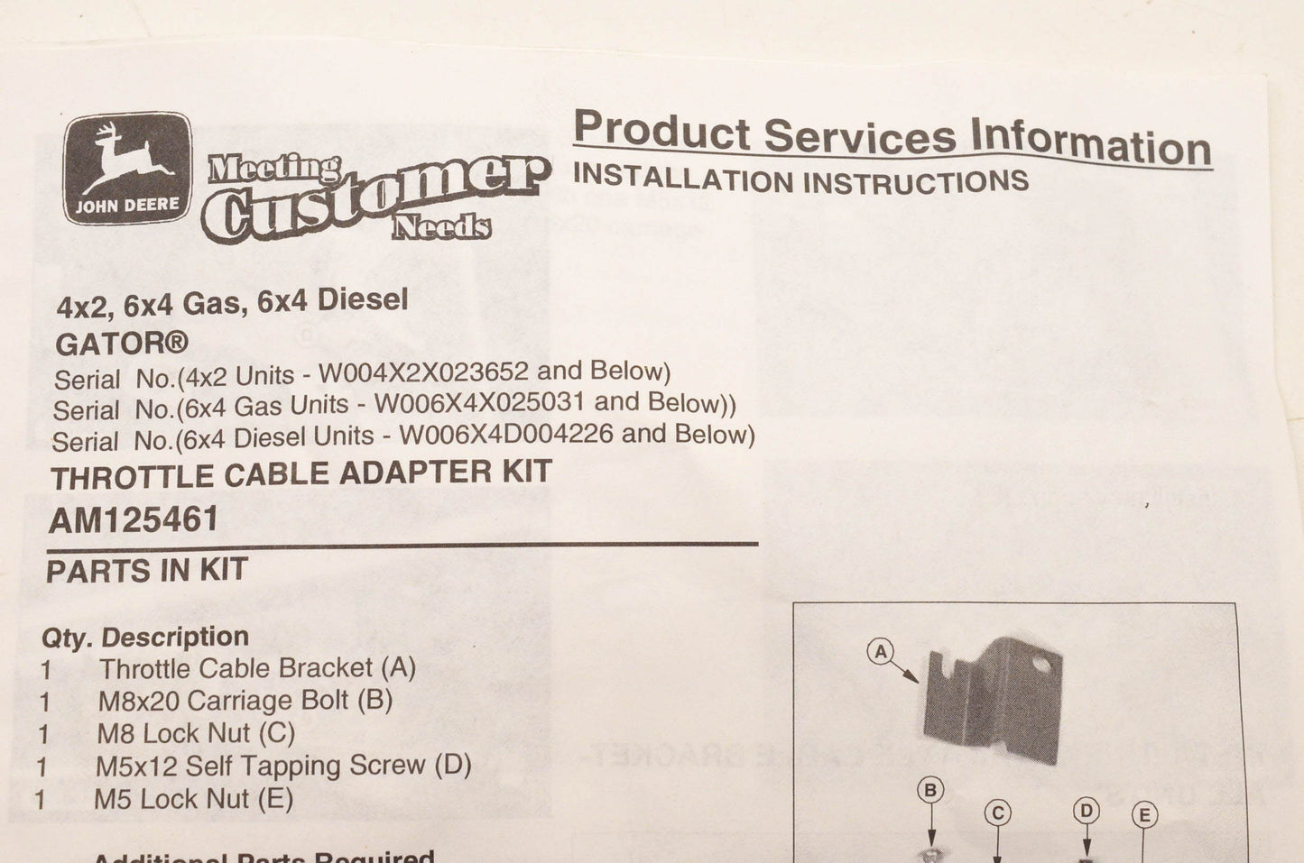 New OEM John Deere AM125461 Throttle Cable Adapter Kit NOS