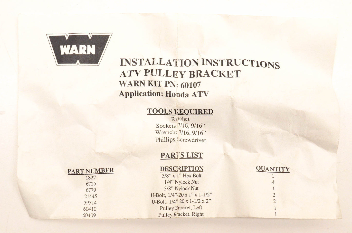 Warn 60107, KAF90244 ATV Pulley Bracket Kit NOS