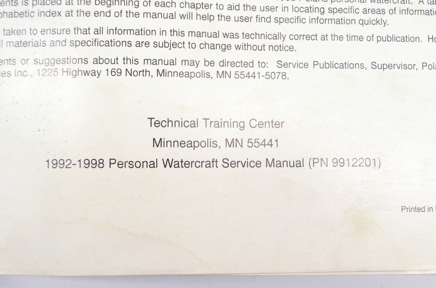 OEM Polaris 9912201 1992-98 Personal Watercraft Service Manual