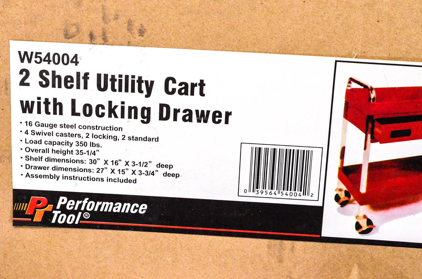 Performance Tool W54004 2 Shelf Utility Car W/ Locking Drawer NOS