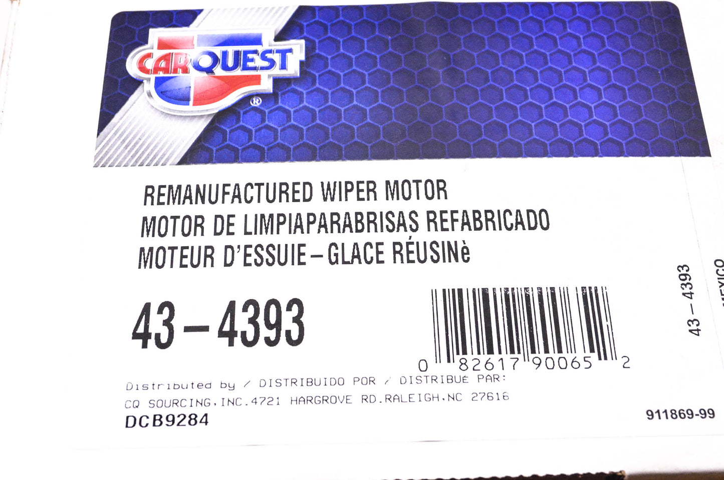Carquest 43-4393 Remanufactured Wiper Motor NOS