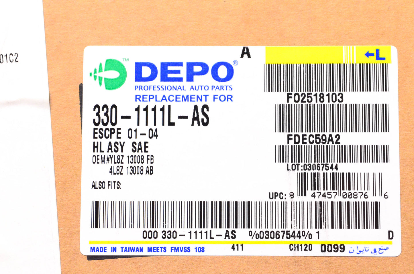 DEPO 330-1111L-AS Driver's Side Headlight Assembly 92-98 Ford F-150 NOS