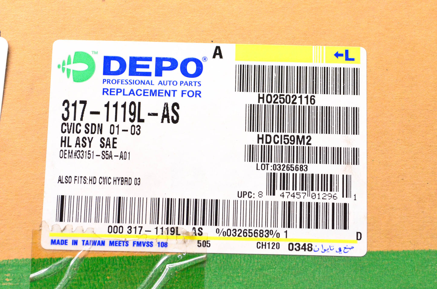 DEPO 317-1119L-AS Driver's Side Headlight Headlamp 01-03 Honda Civic NOS