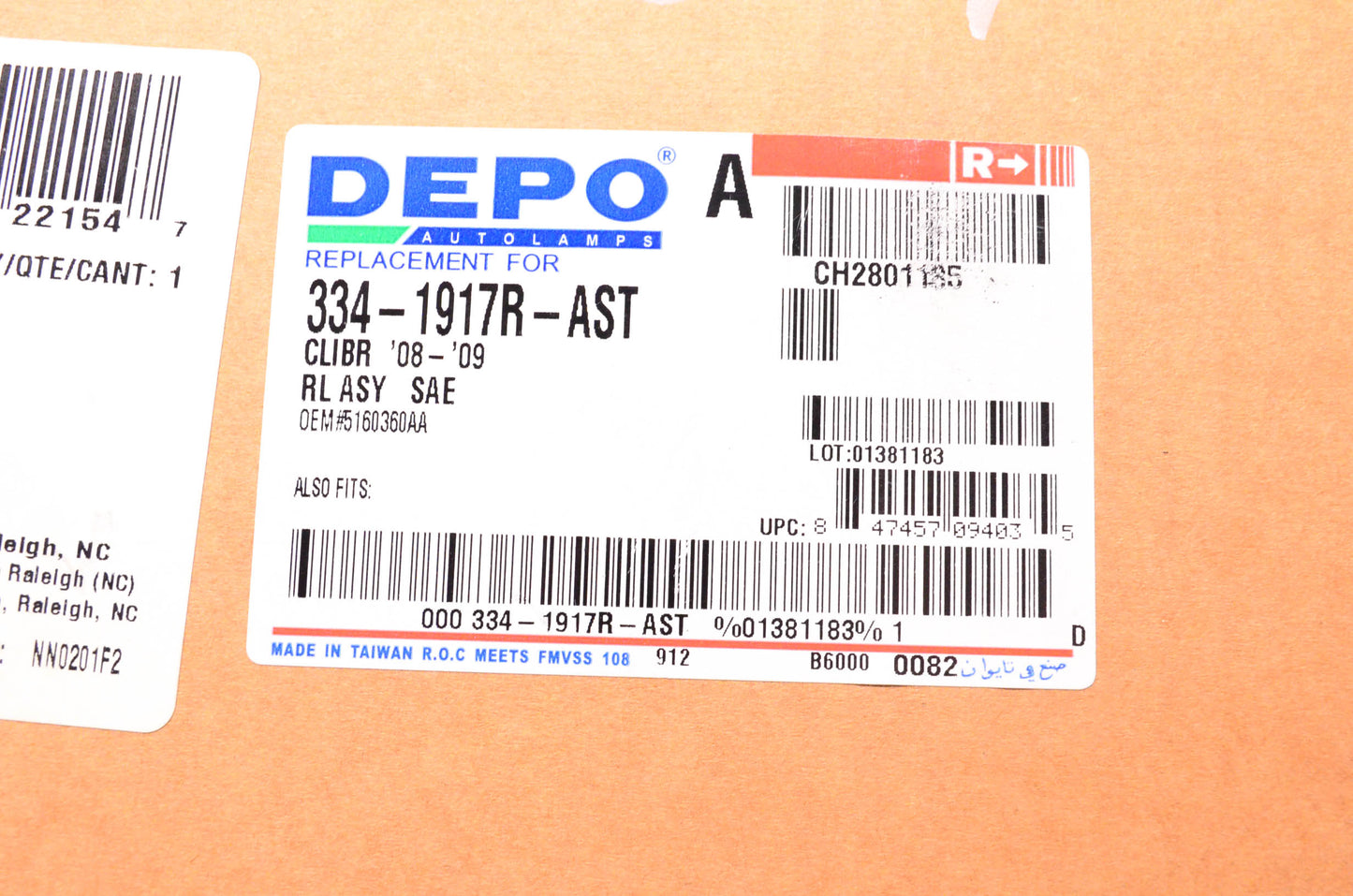 DEPO 334-1917R-AST Passenger Side Taillight Taillamp for 08-10 Dodge Caliber NOS