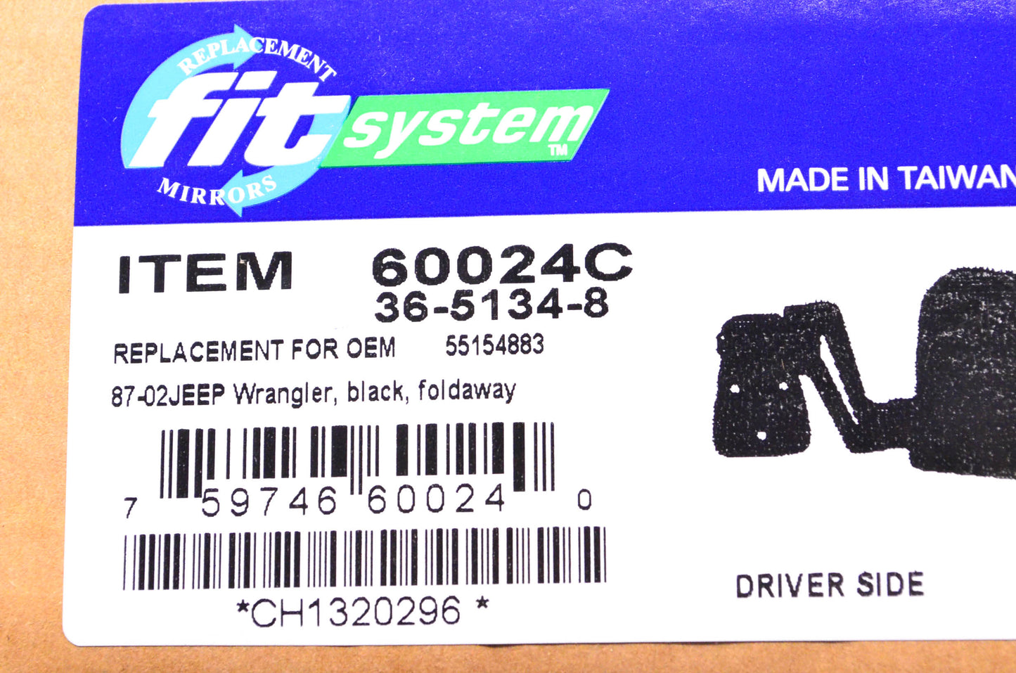 Fit System 60024C, 36-5134-8 87-02 Jeep Wrangler Driver Side Foldaway Side Mirror NOS