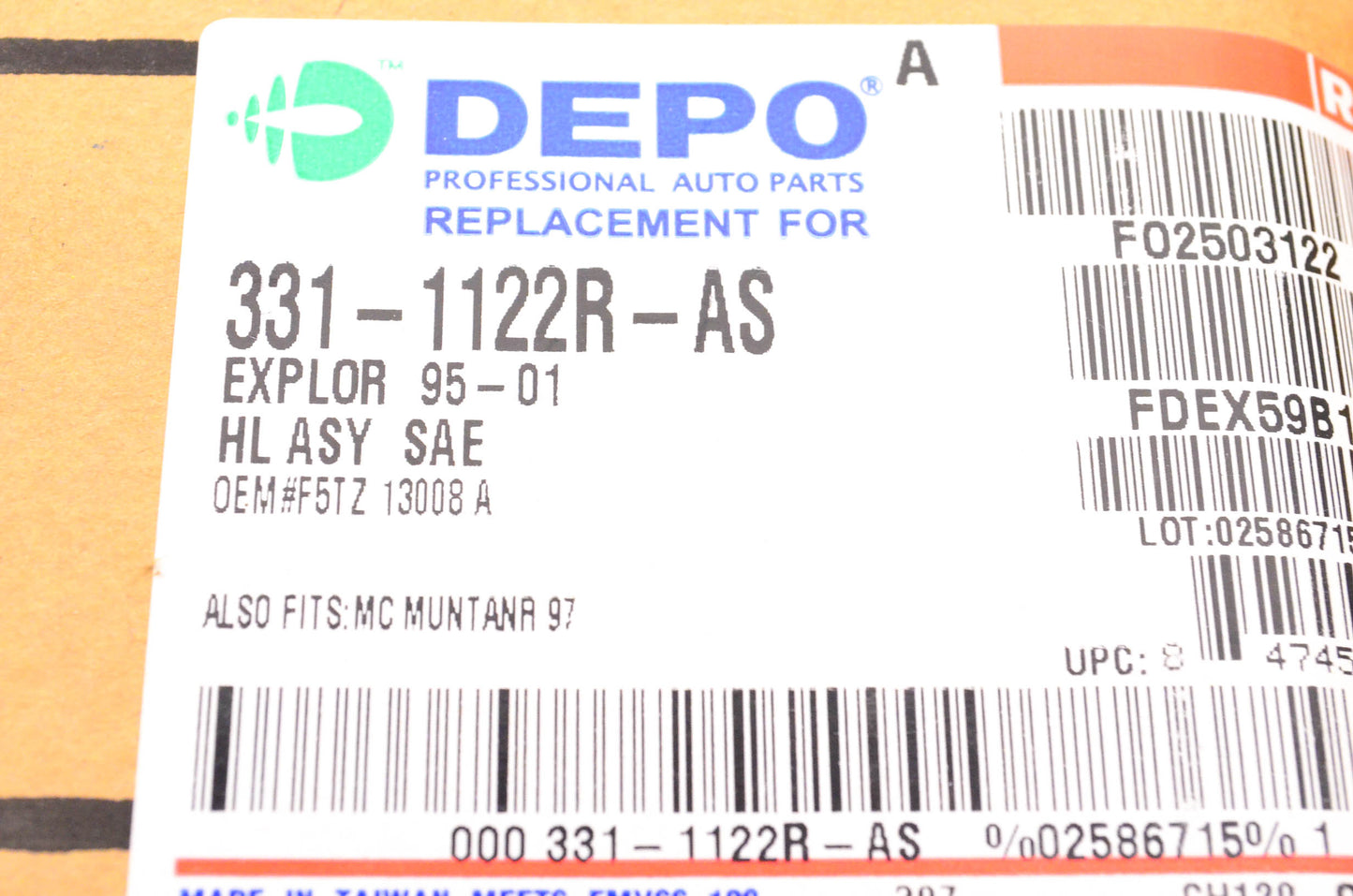 DEPO 331-1122R-AS Passenger Side Headlight Headlamp Ford Mercury 95-01 NOS
