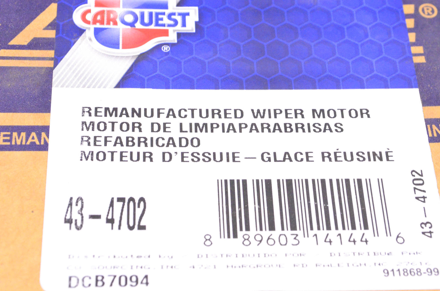 Carquest 43-4702 Remanufactured Wiper Motor NOS
